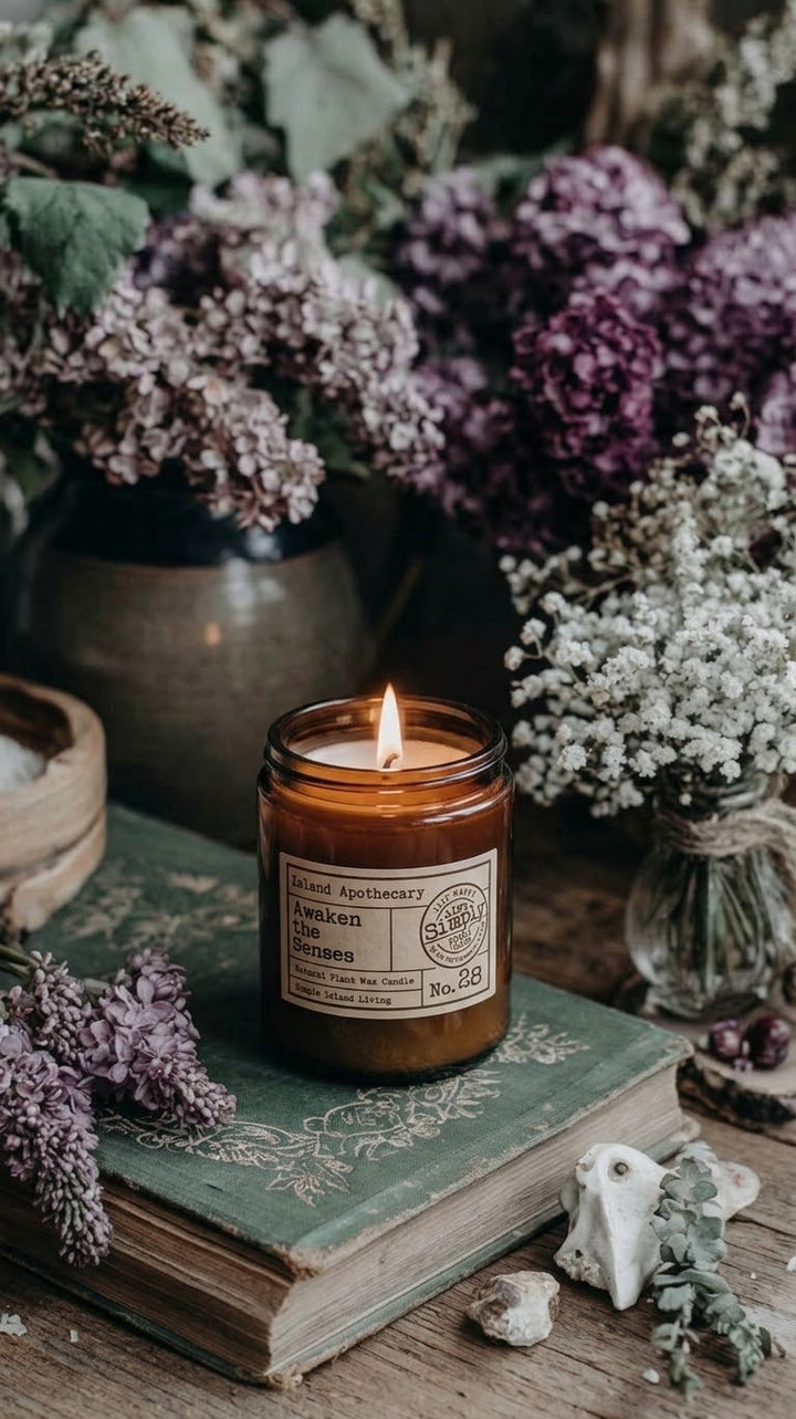 Awaken the Senses in Amber candle jar with vintage books and florals 