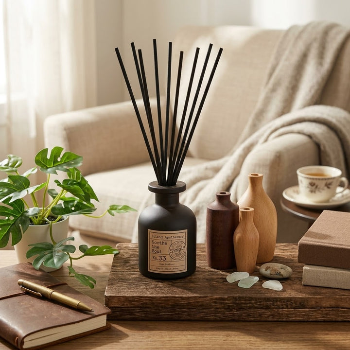 A reed diffuser bottle with black reeds stands on a wooden tray in a cozy living room setting, surrounded by a plant, small vases, books, and a cup of tea.
