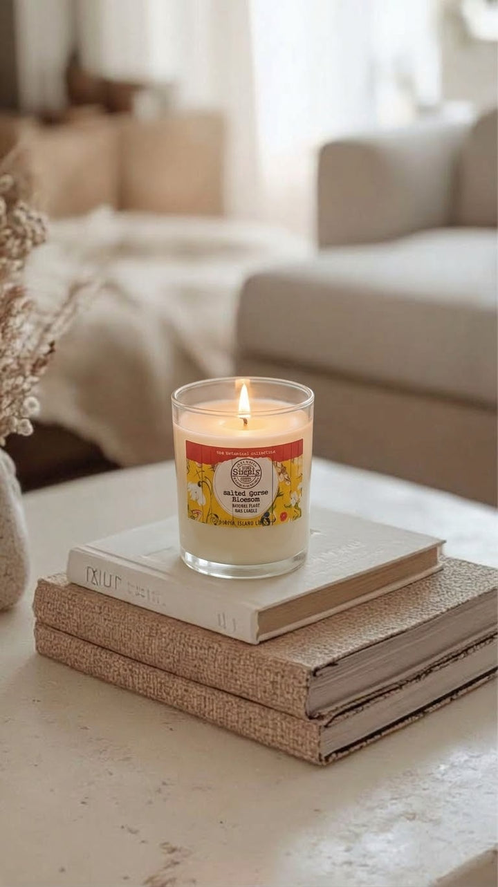 A lit scented candle in a clear glass jar sits on top of two stacked books on a light tabletop, with a softly blurred living room background.