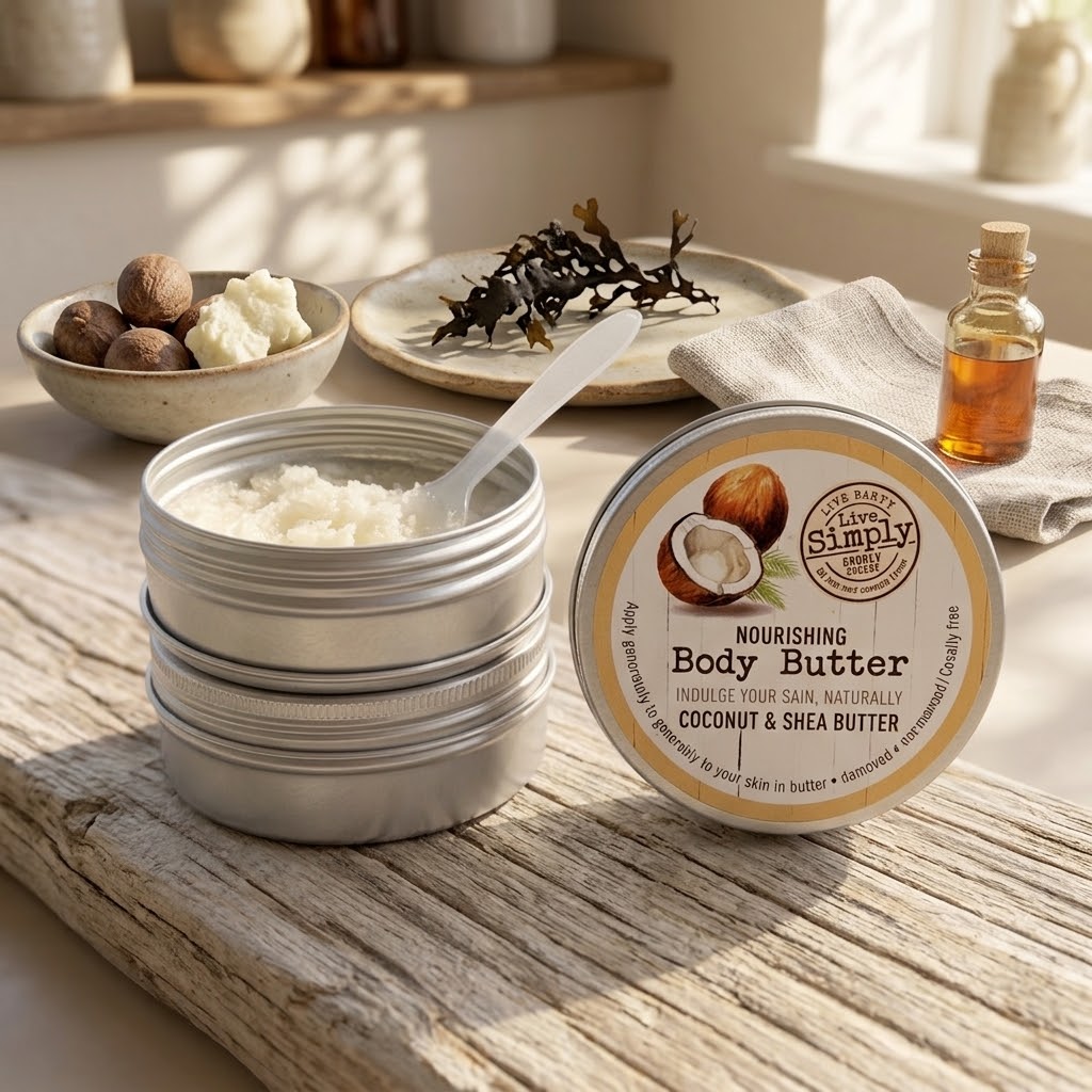 A tin of coconut and shea body butter sits open on a rustic wooden surface, with the branded lid placed beside it. The scene includes a small bottle of oil, dried leaves, nuts, and a folded cloth in a warm, sunlit setting.