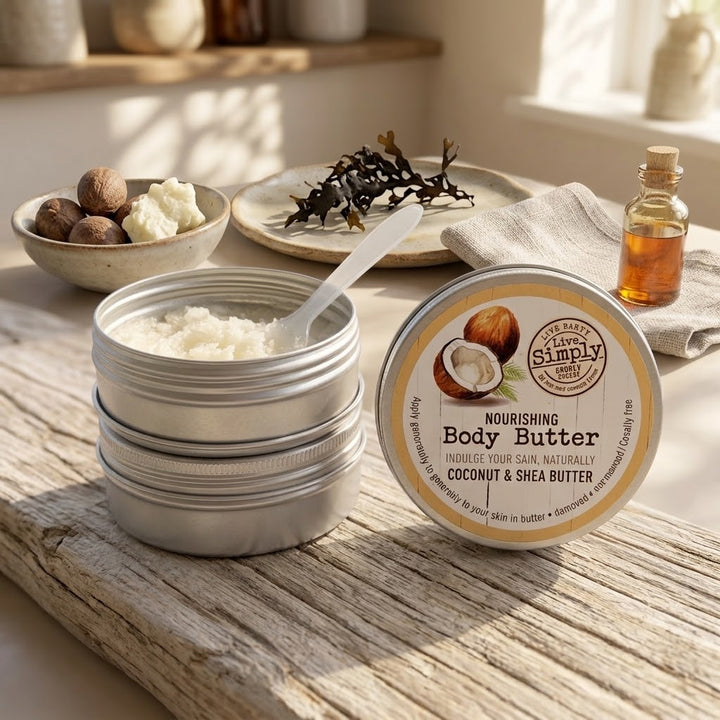 A tin of coconut and shea body butter sits open on a rustic wooden surface, with the branded lid placed beside it. The scene includes a small bottle of oil, dried leaves, nuts, and a folded cloth in a warm, sunlit setting.