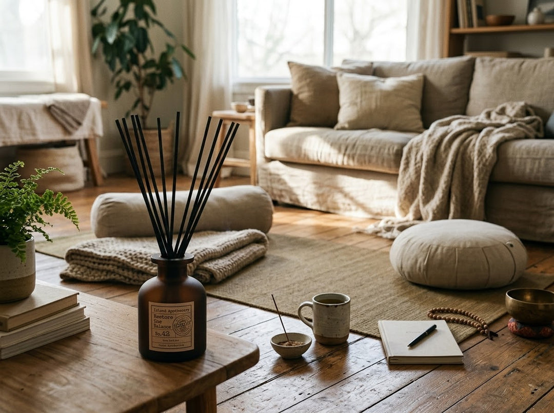 A reed diffuser in a dark amber bottle with black reeds stands on a wooden table in a cozy, sunlit living room. The room features a beige sofa, floor cushions, a woven rug, and a warm, natural aesthetic.