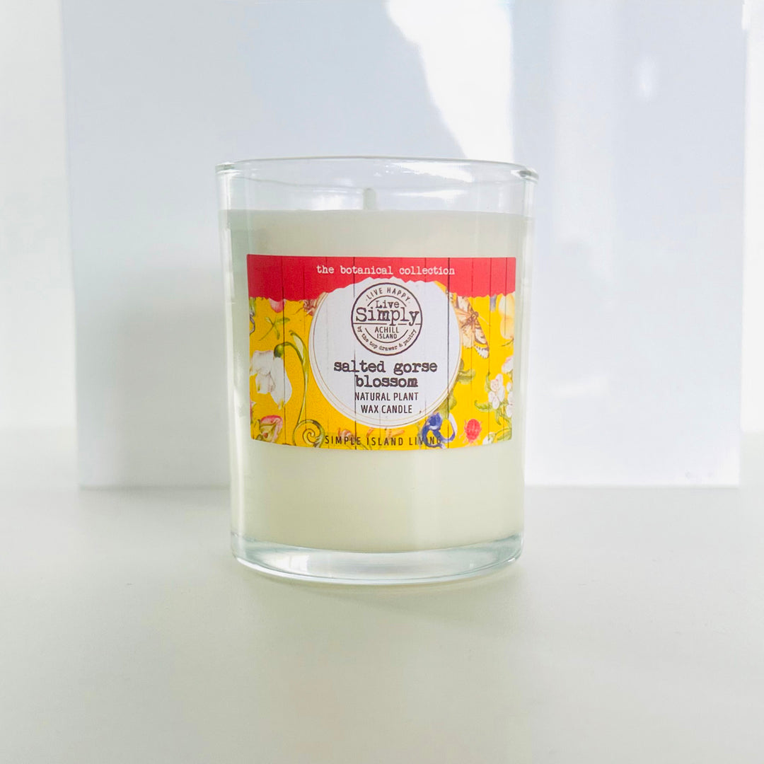 Candle with a colorful label on a white background