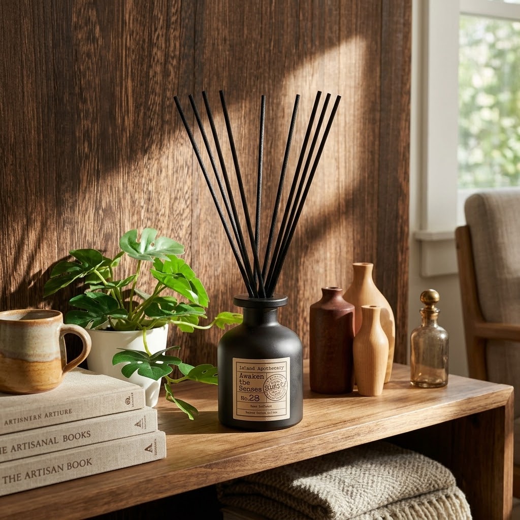 A reed diffuser bottle with black reeds sits on a wooden shelf in a styled interior setting with books, a plant, and small vases. The bottle label reads 'Pleasant Valley Blossom Reed Diffuser'.