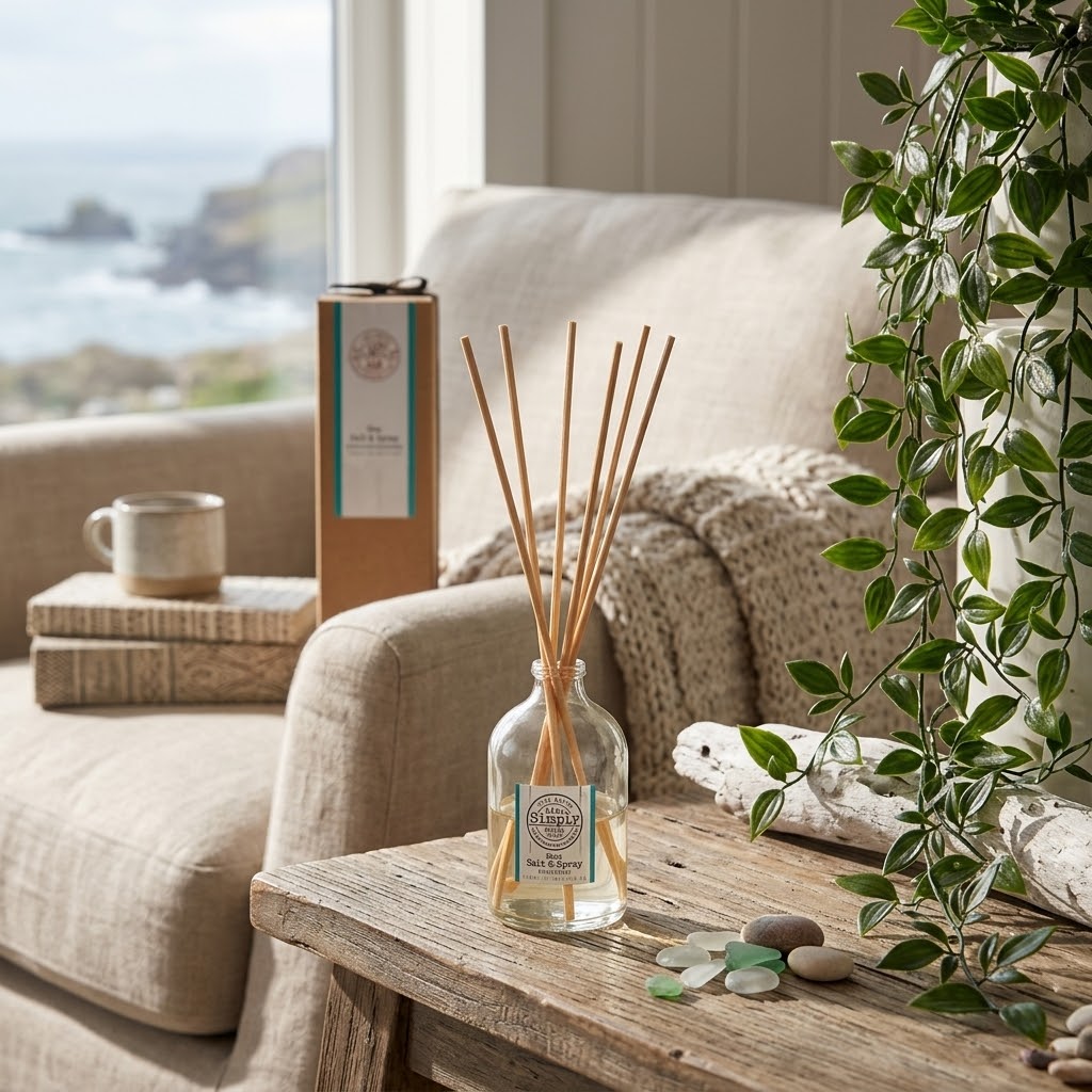 A reed diffuser in a clear glass bottle with natural wood reeds stands on a rustic wooden table in a cozy living room. The scene includes a beige sofa, a knit throw blanket, books, a mug, a potted trailing green plant, and a box of reeds in the background near a window overlooking the ocean.