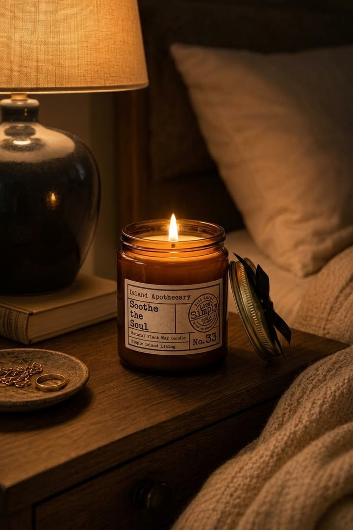 A lit candle in a glass jar sits on a wooden bedside table next to a lamp, with a pillow and blanket in the background. The label reads Island Apothecary and Soothe the Soul.