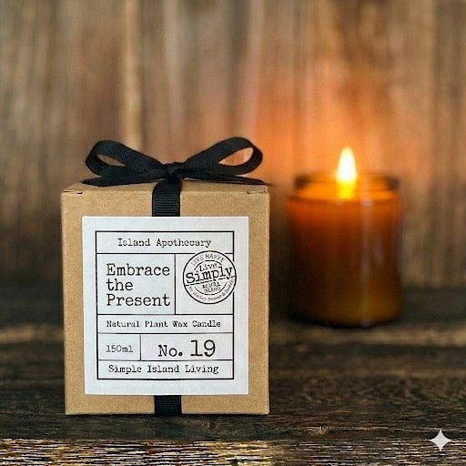 Luxury sustainable Kraft gift box with black ribbon for the Embrace the Present (No. 19) restorative candle remedy. Inspired by Achill Island.
