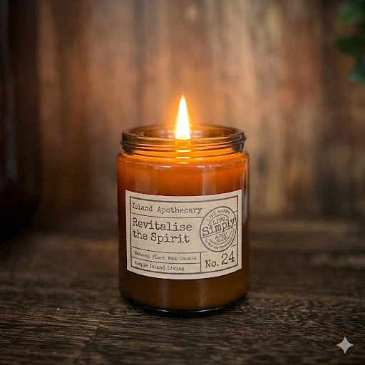 Revitalise the Spirit (No. 24) hand-curated apothecary candle in a signature amber glass jar by Live Simply Apothecary, inspired by Achill Island.