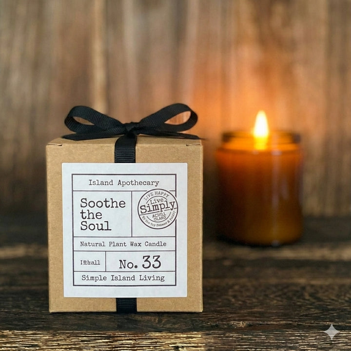 Soothe the Soul (No. 33) hand-curated apothecary candle in a signature amber glass jar by Live Simply Apothecary, inspired by Achill Island.